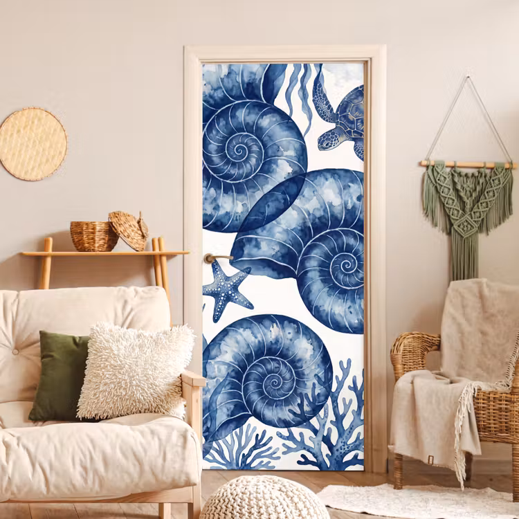 Deursticker - Schelp - Spiraal - Zeeleven - Aquarel - Blauw — 4