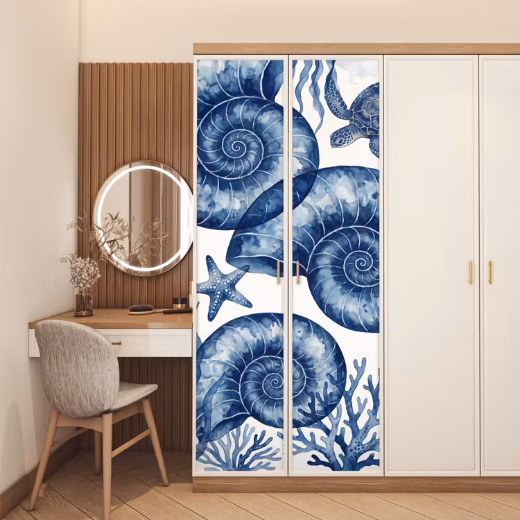 Deursticker - Schelp - Spiraal - Zeeleven - Aquarel - Blauw — 5