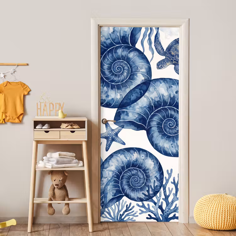 Deursticker - Schelp - Spiraal - Zeeleven - Aquarel - Blauw — 6