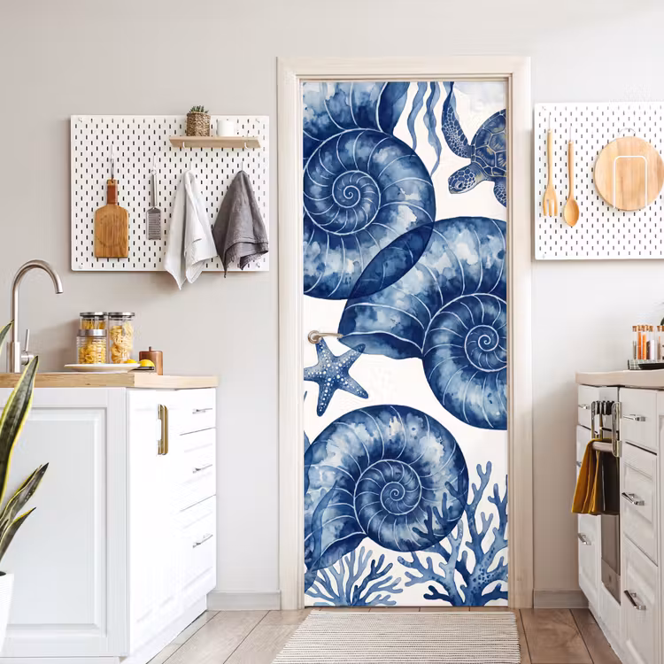 Deursticker - Schelp - Spiraal - Zeeleven - Aquarel - Blauw — 7