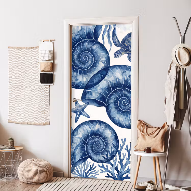 Deursticker - Schelp - Spiraal - Zeeleven - Aquarel - Blauw — 8