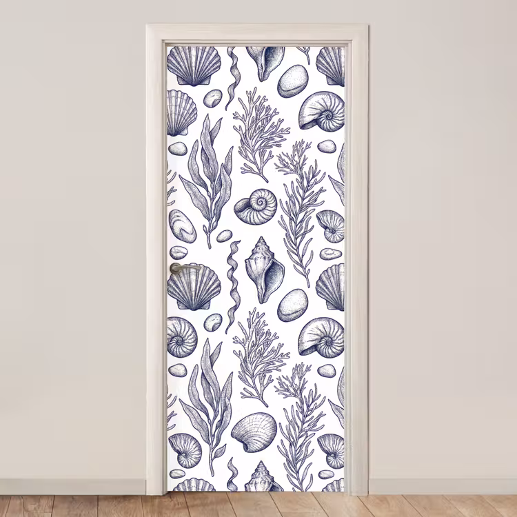 Deursticker - Schelpen - Zeewier - Oceaan - Illustratie - Blauw — 1