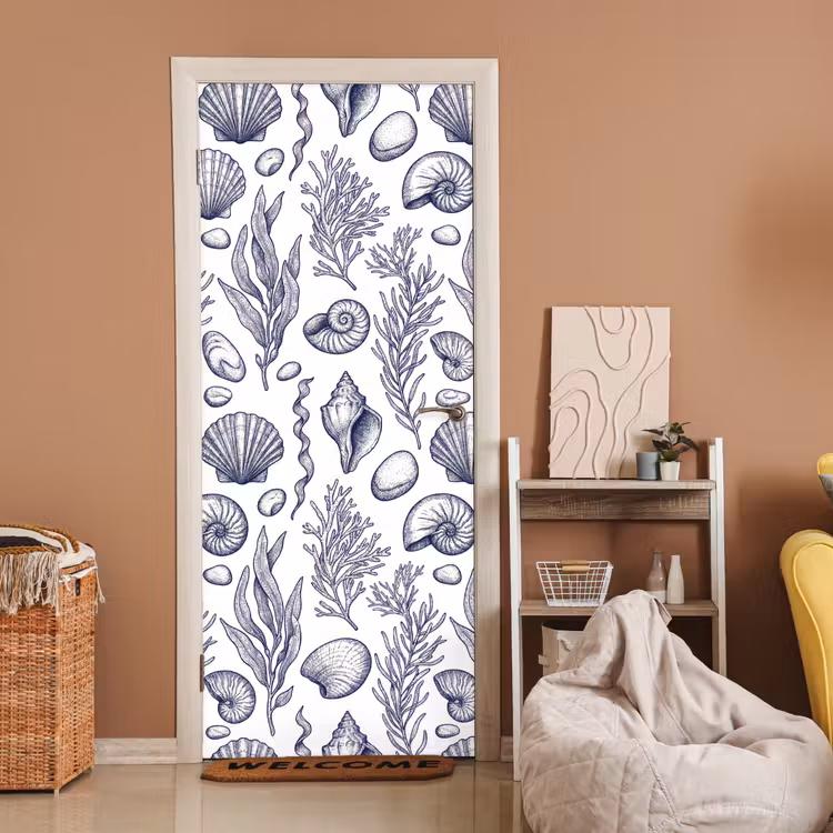 Deursticker - Schelpen - Zeewier - Oceaan - Illustratie - Blauw — 2