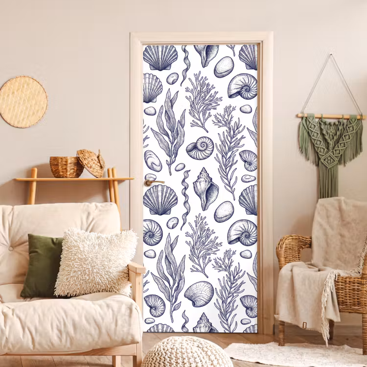 Deursticker - Schelpen - Zeewier - Oceaan - Illustratie - Blauw — 4