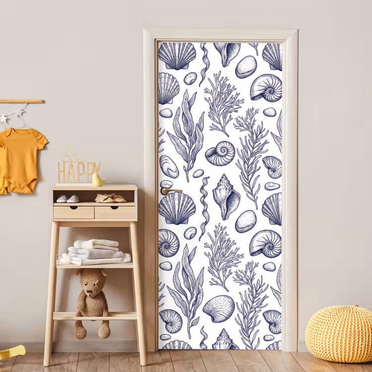 Deursticker - Schelpen - Zeewier - Oceaan - Illustratie - Blauw — 6