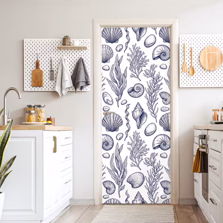 Deursticker - Schelpen - Zeewier - Oceaan - Illustratie - Blauw — 7
