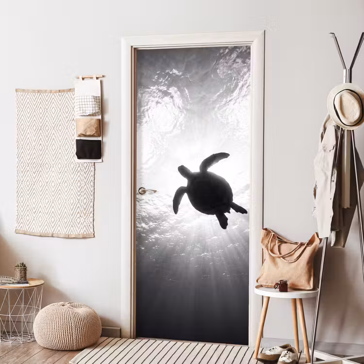 Deursticker - Schildpad - Onderwater - Lichtstralen - Oceaan - Zwart-wit — 8