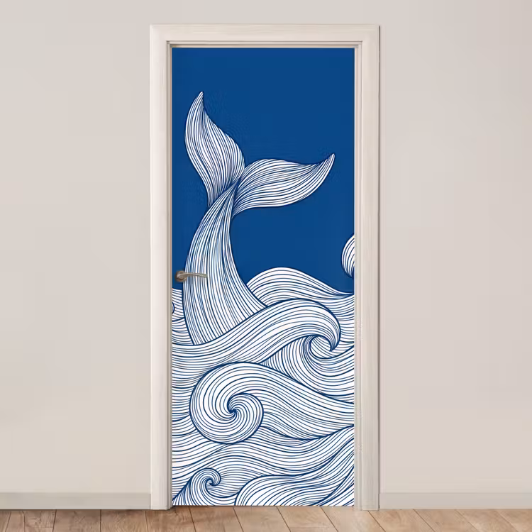Deursticker - Walvis - Staart - Golven - Lijntekening - Blauw — 1