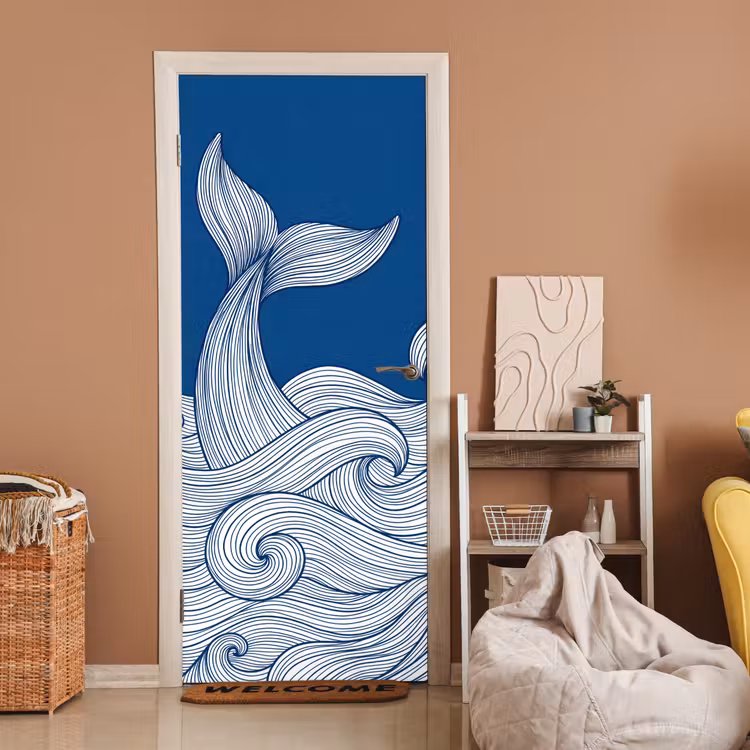 Deursticker - Walvis - Staart - Golven - Lijntekening - Blauw — 2