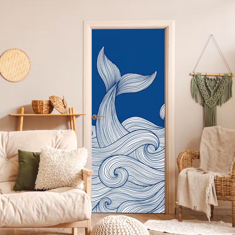 Deursticker - Walvis - Staart - Golven - Lijntekening - Blauw — 4