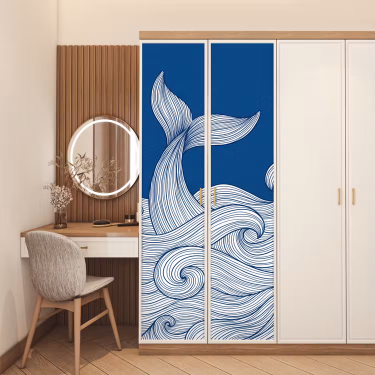 Deursticker - Walvis - Staart - Golven - Lijntekening - Blauw — 5