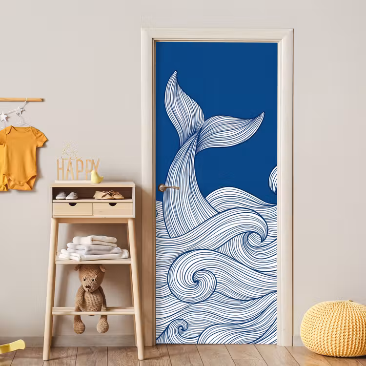 Deursticker - Walvis - Staart - Golven - Lijntekening - Blauw — 6