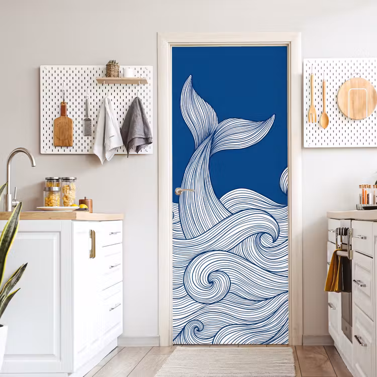 Deursticker - Walvis - Staart - Golven - Lijntekening - Blauw — 7