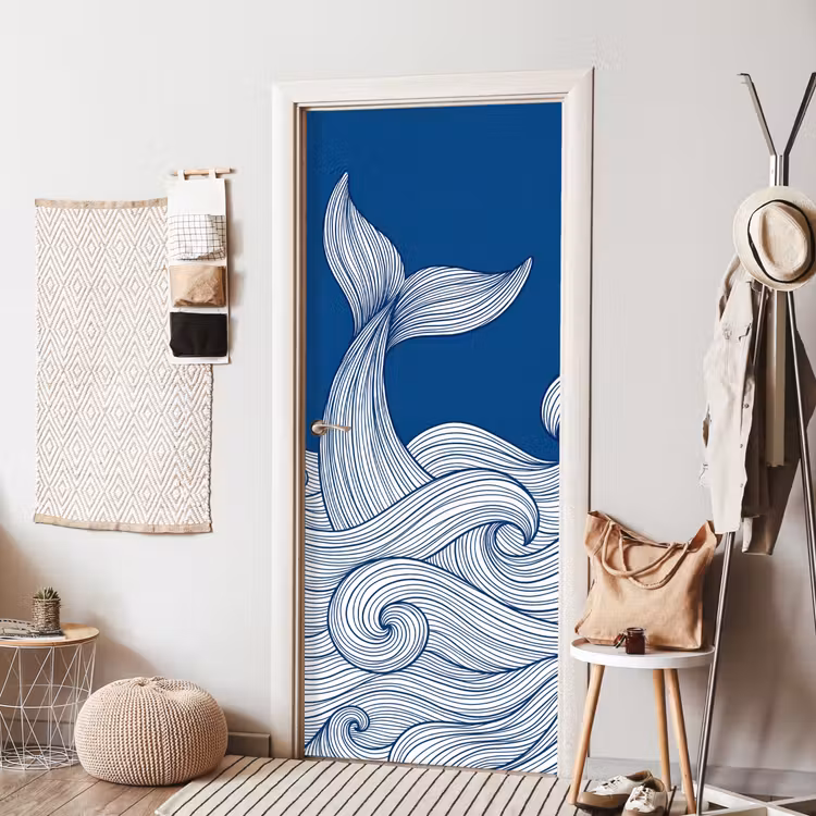 Deursticker - Walvis - Staart - Golven - Lijntekening - Blauw — 8