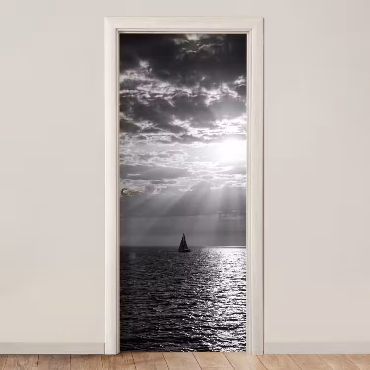 Deursticker - Water - Boot - Lucht - Natuur - Zwart-wit — 1