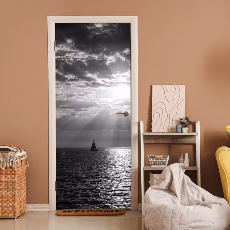 Deursticker - Water - Boot - Lucht - Natuur - Zwart-wit — 2