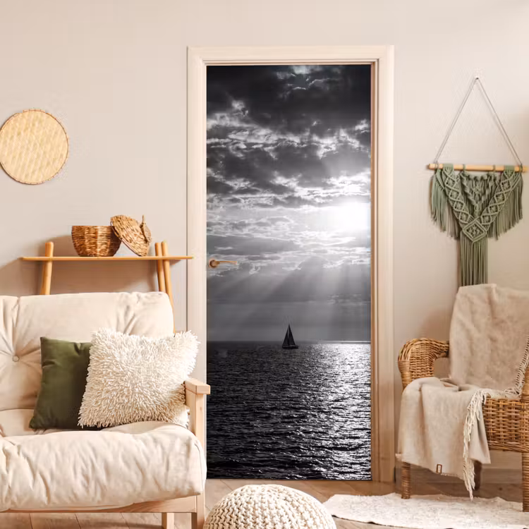 Deursticker - Water - Boot - Lucht - Natuur - Zwart-wit — 4