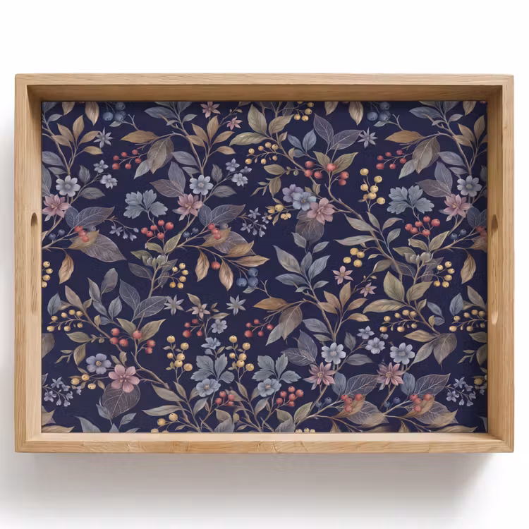 Dienblad - Bloemen - Bladeren - Patroon - Botanisch - Donkerblauw — 1