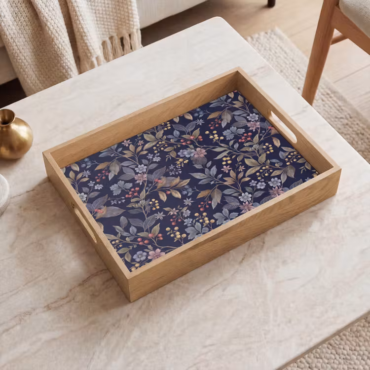 Dienblad - Bloemen - Bladeren - Patroon - Botanisch - Donkerblauw — 2