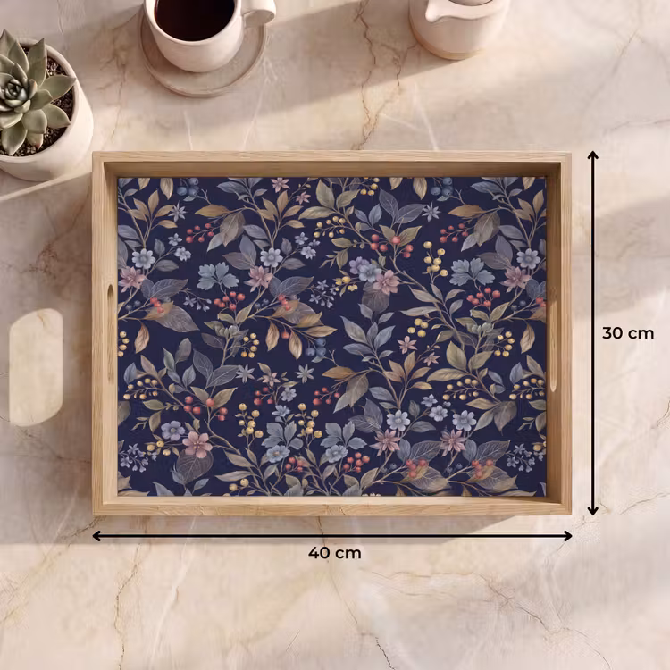 Dienblad - Bloemen - Bladeren - Patroon - Botanisch - Donkerblauw — 9