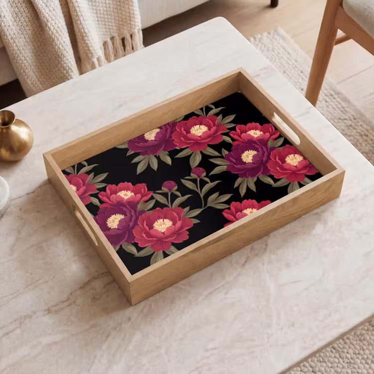 Dienblad - Bloemen - Patroon - Botanisch - Rood - Zwart — 2