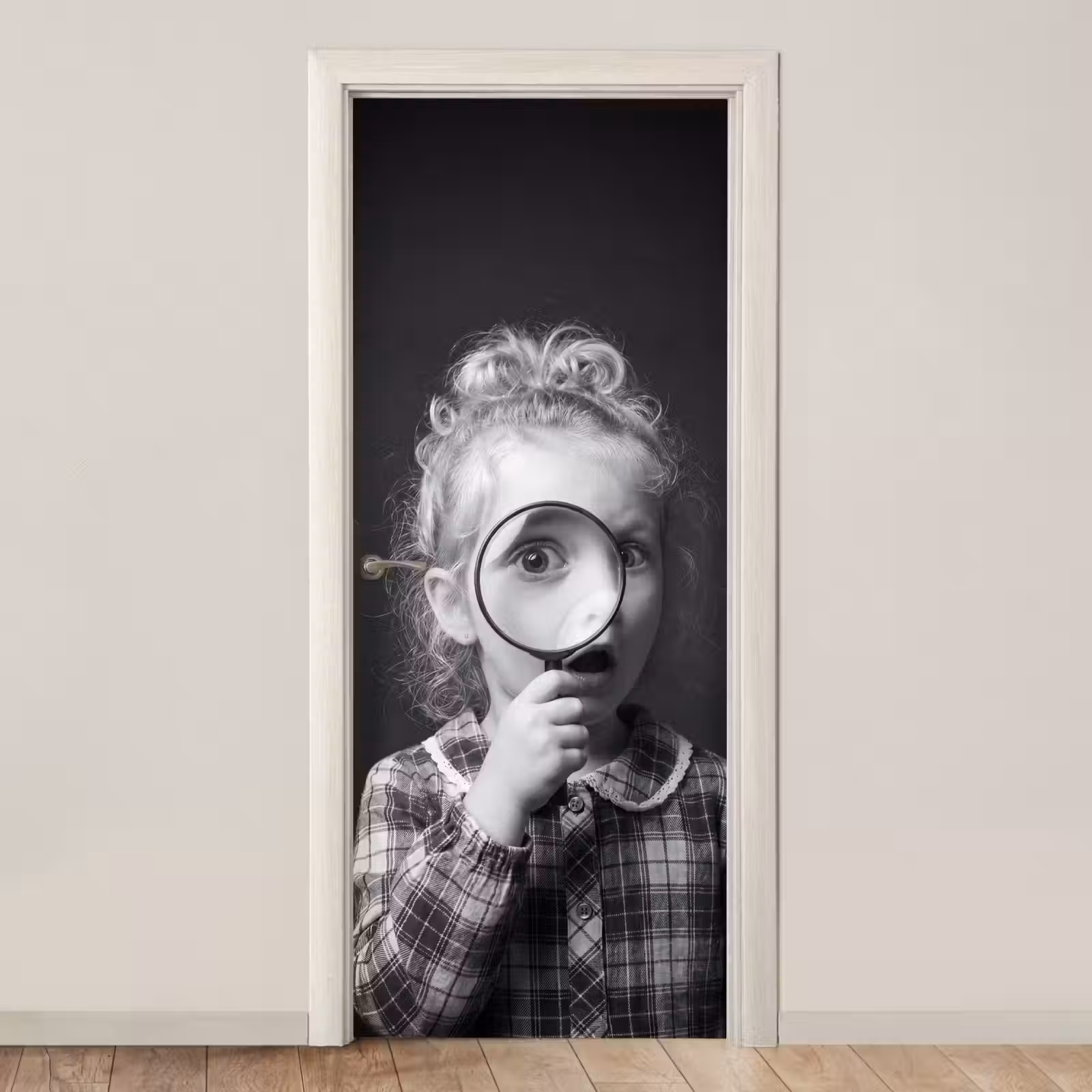 Deursticker - Kind - Vergrootglas - Portret - Zwart-wit — 1