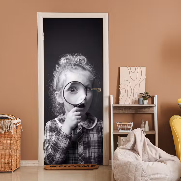 Deursticker - Kind - Vergrootglas - Portret - Zwart-wit — 2