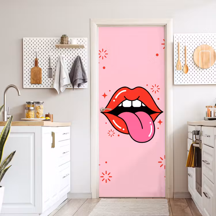 Deursticker - Lippen - Tong - Pop-art - Kleurrijk - Roze — 7