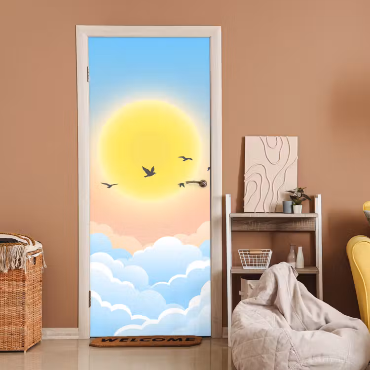 Deursticker - Zon - Vogels - Lucht - Natuur - Geel — 2