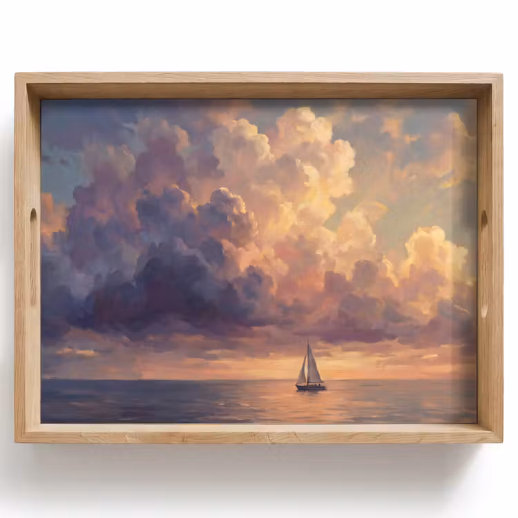 Dienblad - Boot - Zonsondergang - Zee - Natuur - Goud — 1