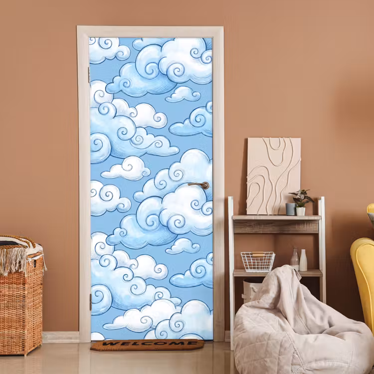Deursticker - Wolken - Patroon - Hemel - Illustratie - Wit — 2