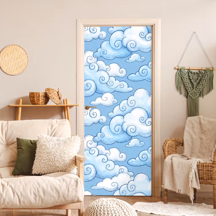 Deursticker - Wolken - Patroon - Hemel - Illustratie - Wit — 4