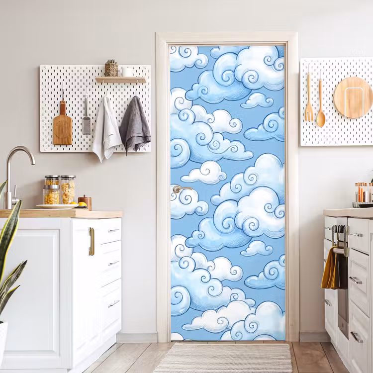 Deursticker - Wolken - Patroon - Hemel - Illustratie - Wit — 7