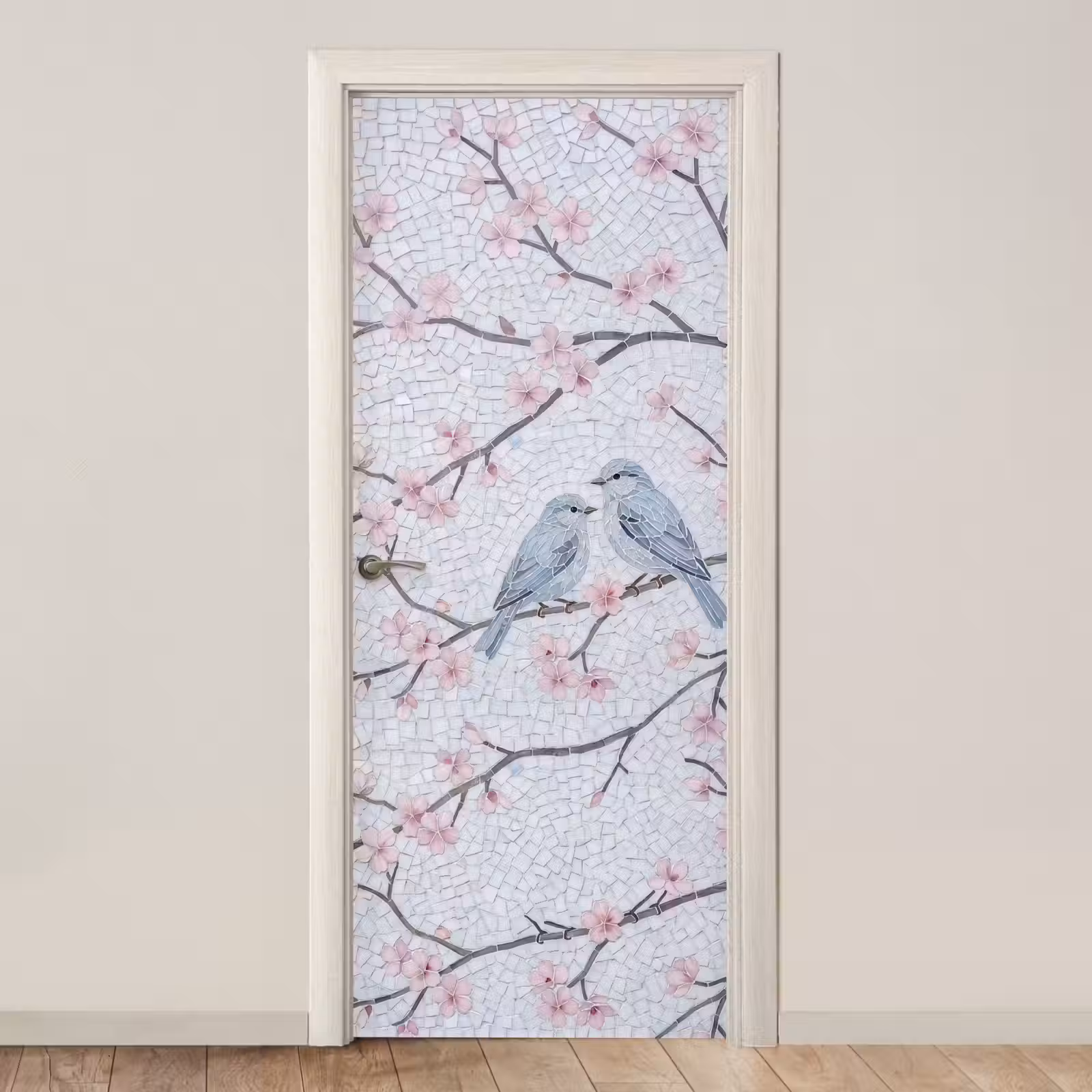 Deursticker - Vogel - Bloemen - Natuur - Mozaïek - Roze — 1