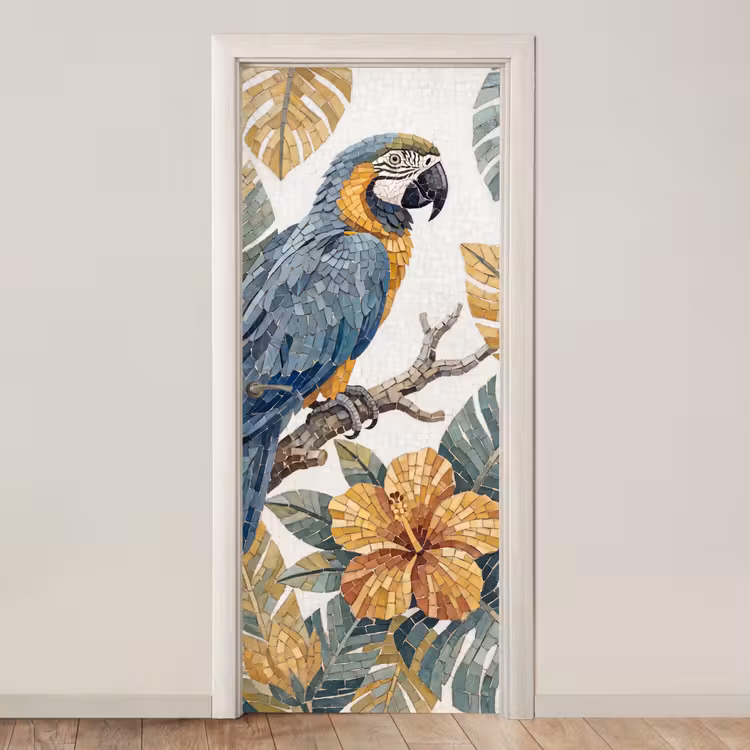 Deursticker - Vogel - Tak - Natuur - Mozaïek - Blauw — 1