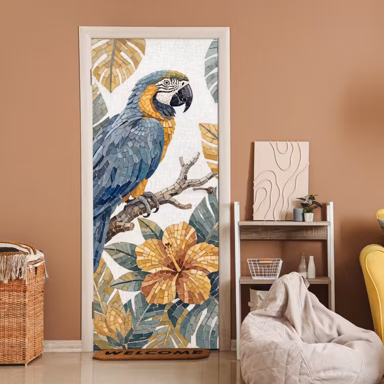 Deursticker - Vogel - Tak - Natuur - Mozaïek - Blauw — 2