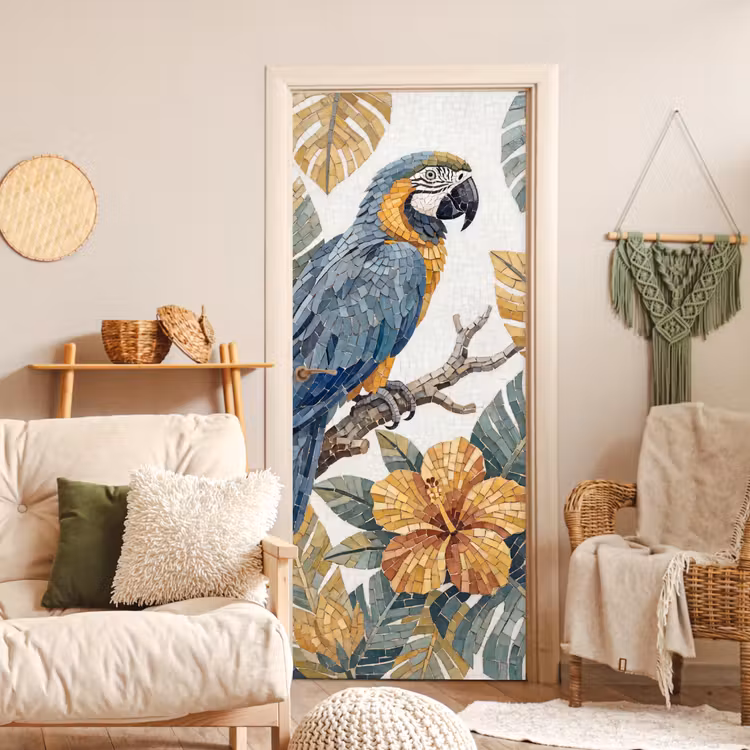 Deursticker - Vogel - Tak - Natuur - Mozaïek - Blauw — 4
