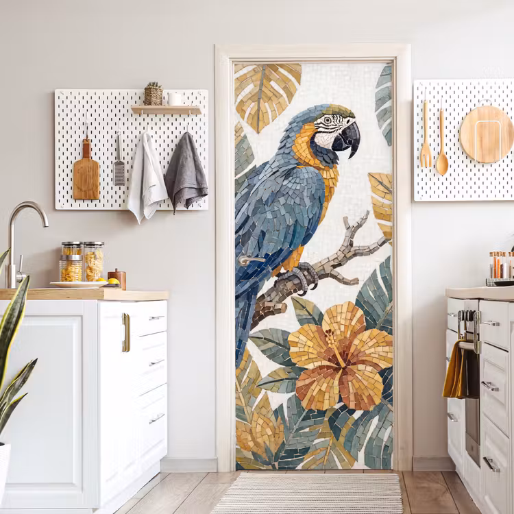 Deursticker - Vogel - Tak - Natuur - Mozaïek - Blauw — 7