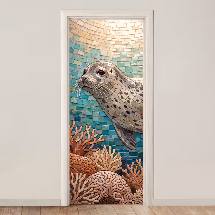 Deursticker - Zeehond - Mozaïek - Onderwater - Dieren - Blauw — 1