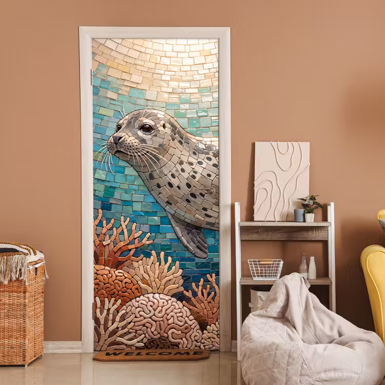 Deursticker - Zeehond - Mozaïek - Onderwater - Dieren - Blauw — 2