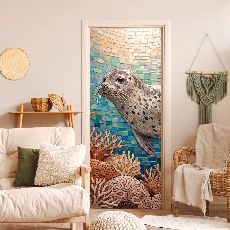 Deursticker - Zeehond - Mozaïek - Onderwater - Dieren - Blauw — 4