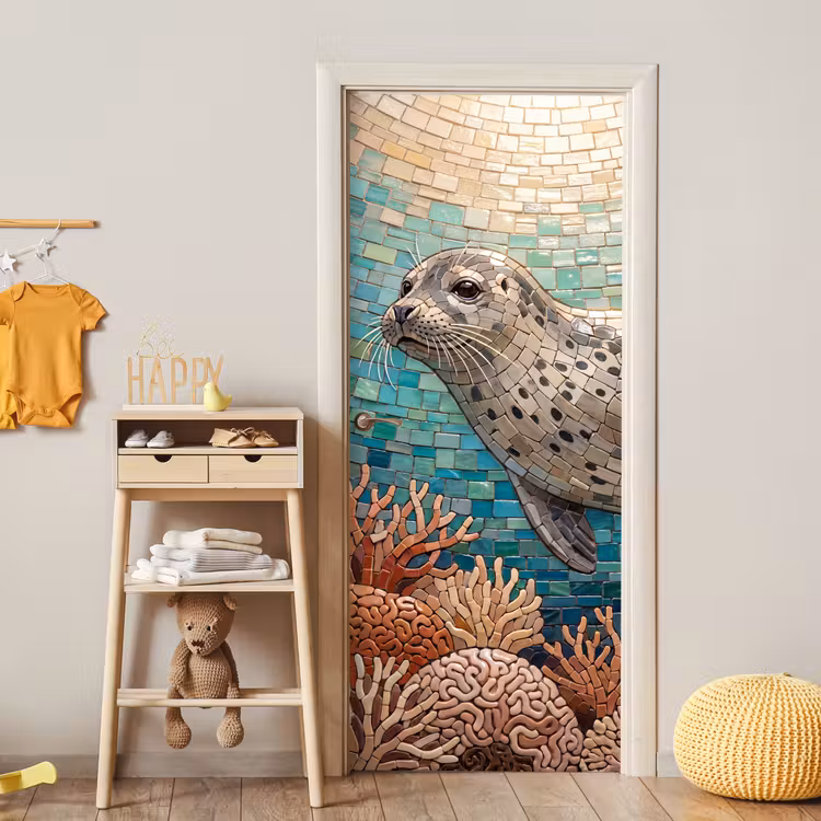 Deursticker - Zeehond - Mozaïek - Onderwater - Dieren - Blauw — 6