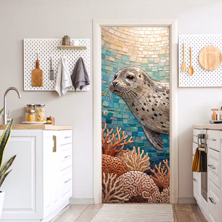 Deursticker - Zeehond - Mozaïek - Onderwater - Dieren - Blauw — 7