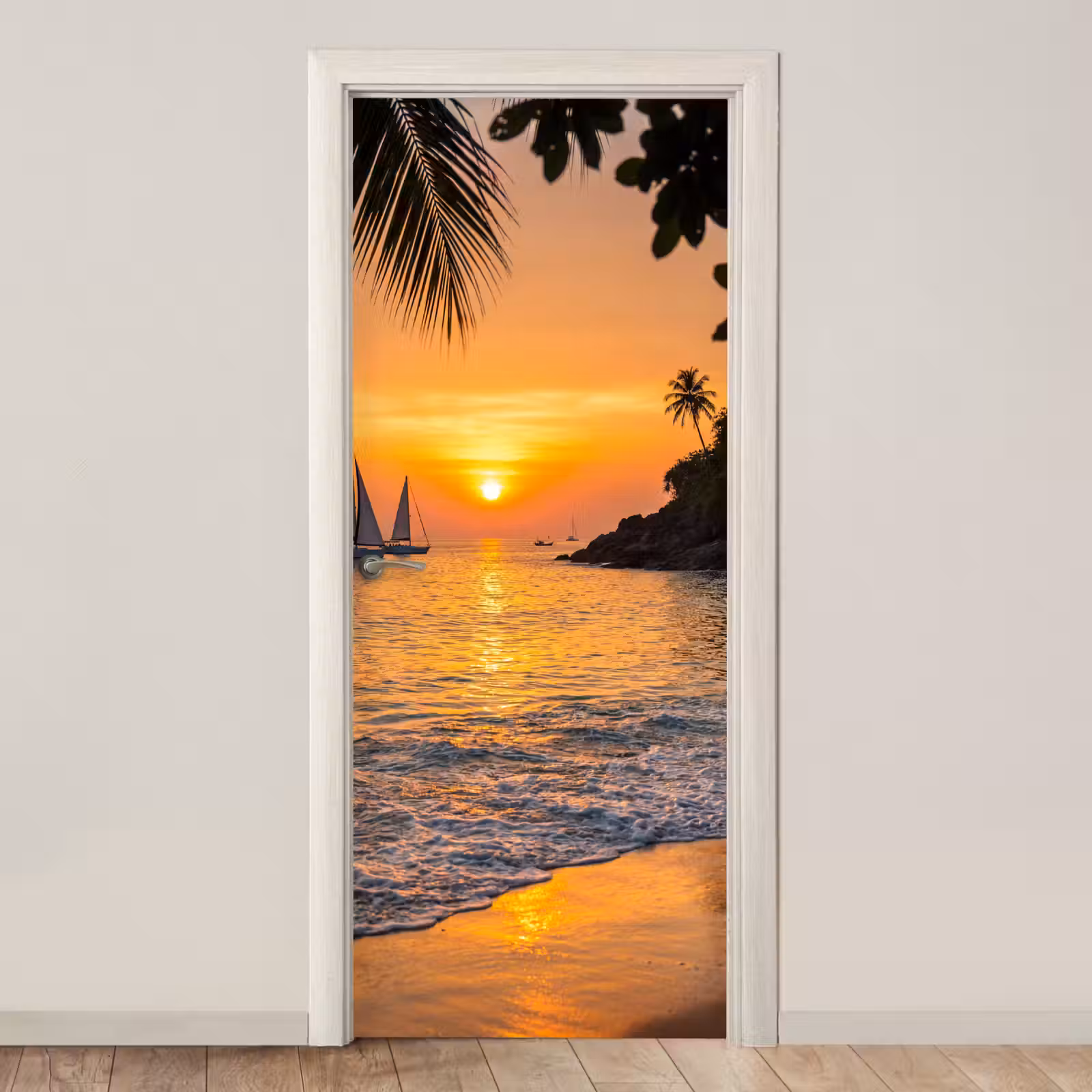 Deursticker - Zee - Zonsondergang - Boot - Natuur - Oranje — 1