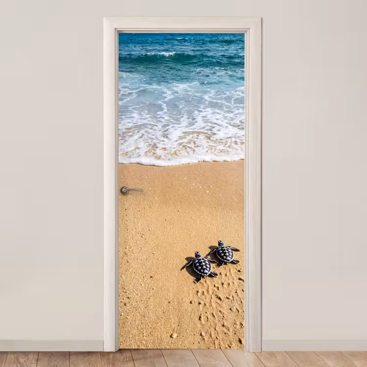 Deursticker - Schildpad - Jong - Strand - Oceaan - Blauw — 1