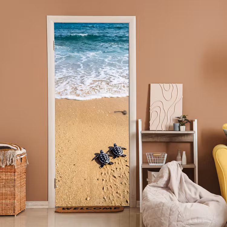 Deursticker - Schildpad - Jong - Strand - Oceaan - Blauw — 2