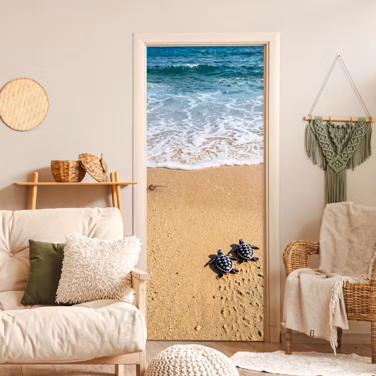 Deursticker - Schildpad - Jong - Strand - Oceaan - Blauw — 4