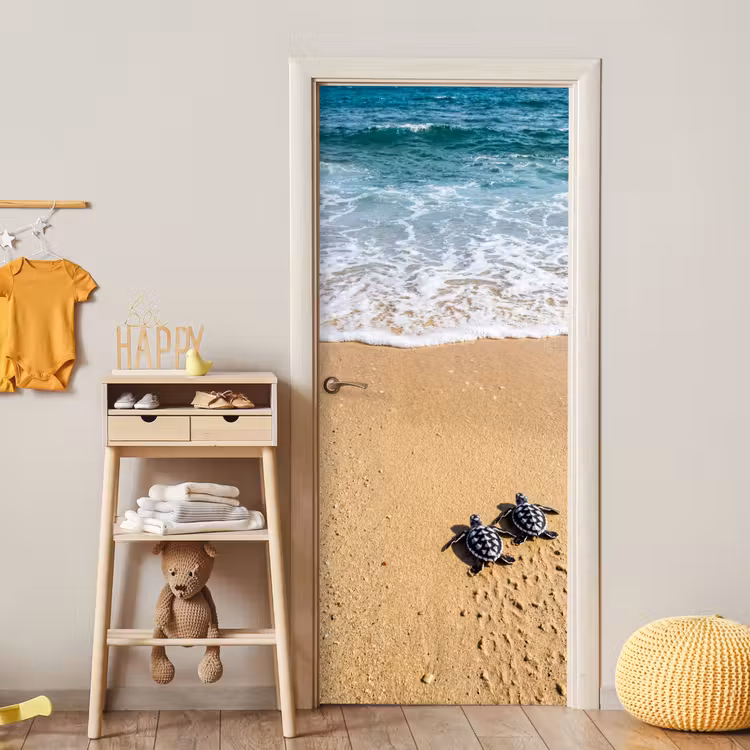 Deursticker - Schildpad - Jong - Strand - Oceaan - Blauw — 6