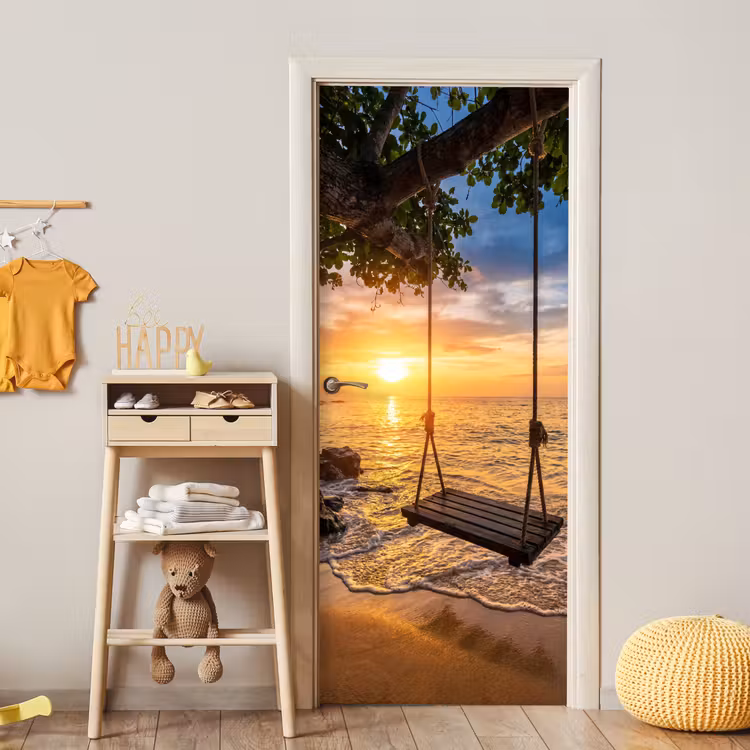 Deursticker - Schommel - Strand - Zonsondergang - Natuur - Oranje — 6