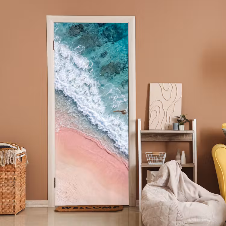 Deursticker - Strand - Oceaan - Golven - Roze Zand - Natuur — 2